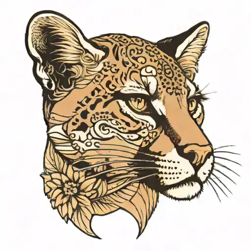 A mysterious and feminine cougar with a crescent behind her head tattoo design idea