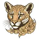 A mysterious and feminine cougar with a crescent behind her head tattoo design idea