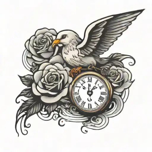time cloud rose dove tattoo design idea