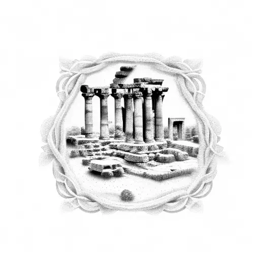 An intricate dotwork tattoo of ancient Greek ruins with musical notes intertwining tattoo design idea