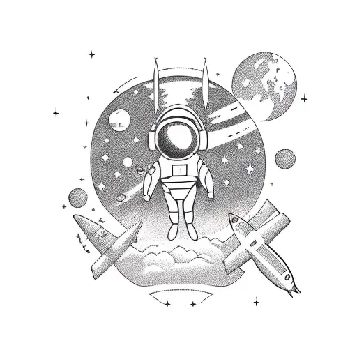 fantasy beautiful astronaut in office shirt tattoo design full body, on the background of arrivals space planets :  tattoo design idea