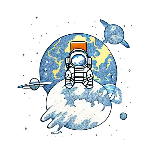 fantasy beautiful astronaut in office shirt tattoo design full body, on the background of arrivals space planets :  tattoo design idea