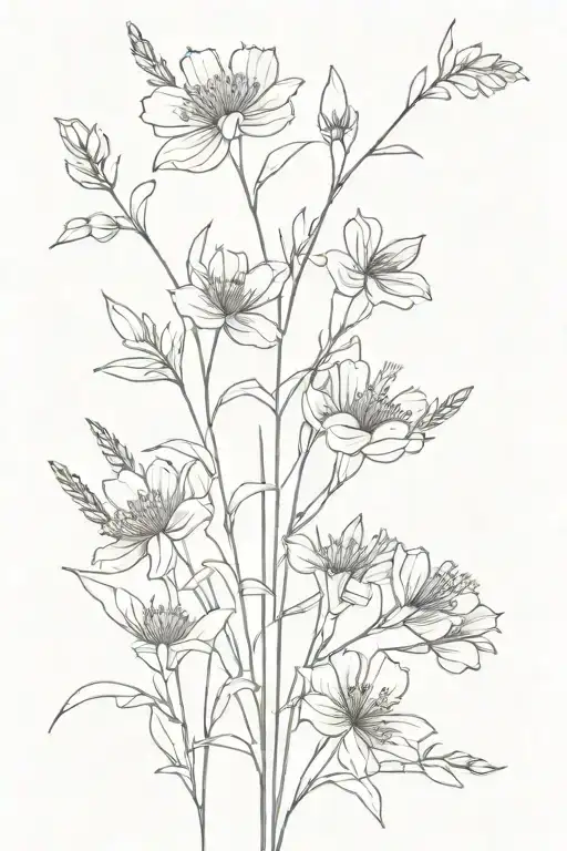 Elegant minimalist black line tattoo featuring an intricate bouquet of long-stemmed wildflowers, including delicate lila tattoo design idea