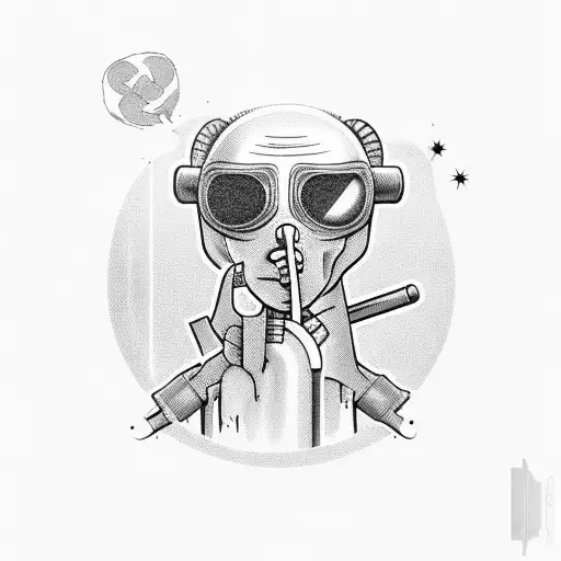 Alien smoking weed peace sign with a welder mask on  tattoo design idea