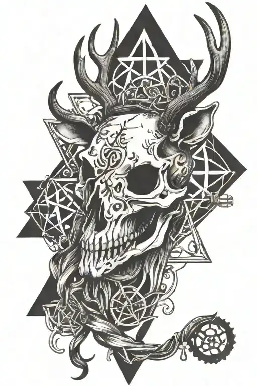 deer skull pentagram collar surrounded tattoo design idea