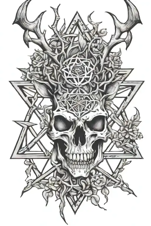skull deer pentagram mixed tattoo design idea