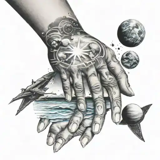  Prayer hands at top of sleeve with the beach and planets in the sky  tattoo design idea