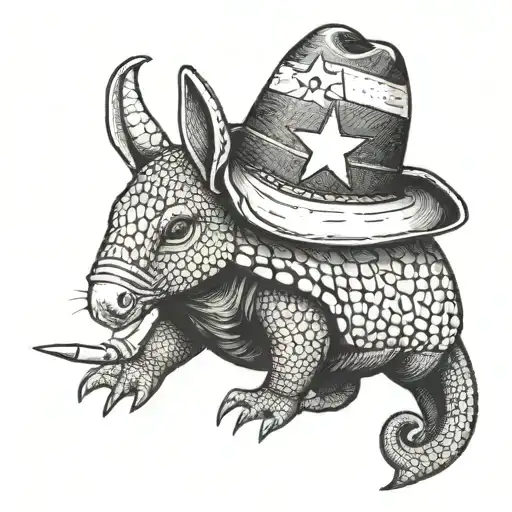 armadillo holding a Texas flag with a cowboy hat on its head  tattoo design idea