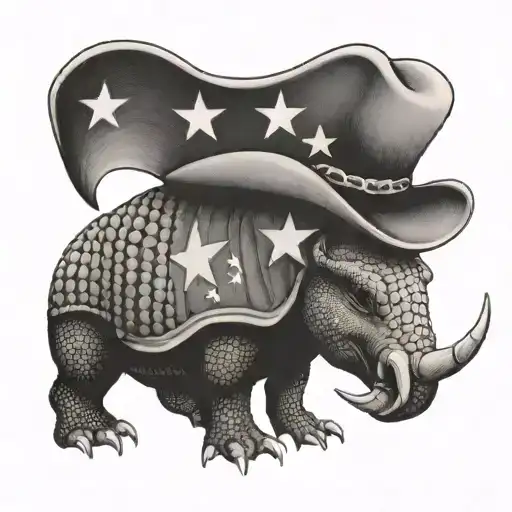 armadillo holding a Texas flag with a cowboy hat on its head tattoo design idea