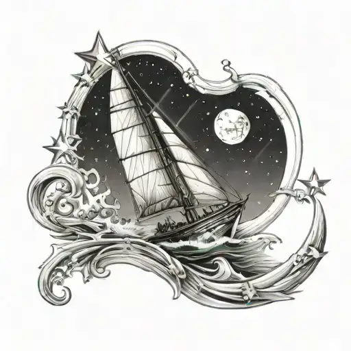 sailboat at sea and stars with comet tattoo design idea