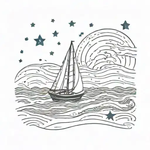 sailboat at sea and stars with comet tattoo design idea