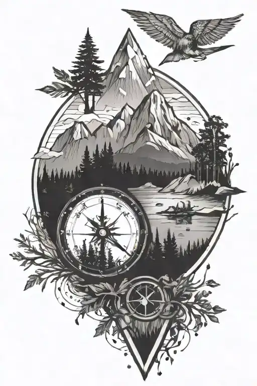 mountain, trees, night, road, compass, arrow tattoo design idea