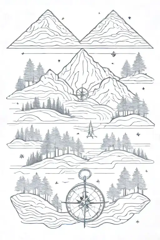mountain, trees, night, road, compass, arrow tattoo design idea