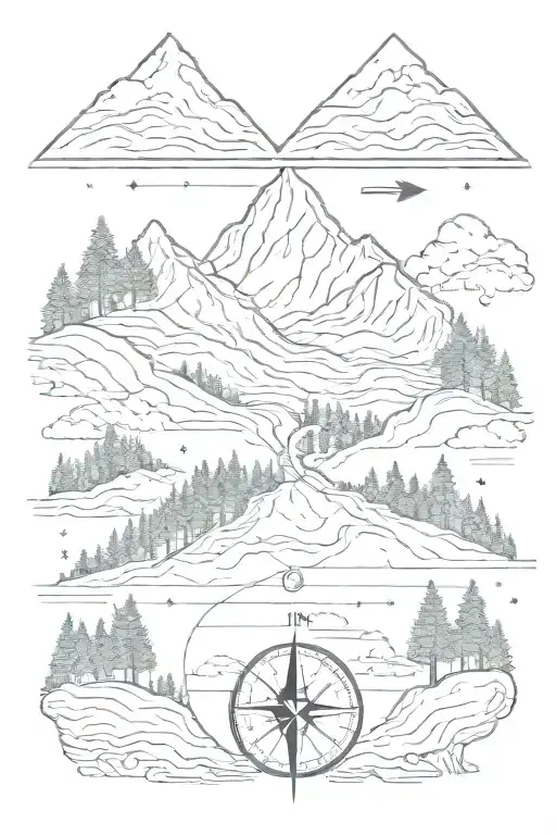 mountain, trees, night, road, compass, arrow tattoo design idea