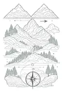 mountain, trees, night, road, compass, arrow tattoo design idea