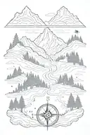 mountain, trees, night, road, compass, arrow tattoo design idea