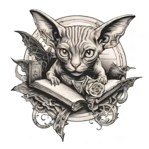 sphinx cat, books, evil, bats, crescent, chemistry, moth tattoo design idea