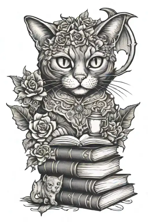 cat, books, evil, bats, crescent, chemistry, moth, flowers, devil, evil, obsession tattoo design idea