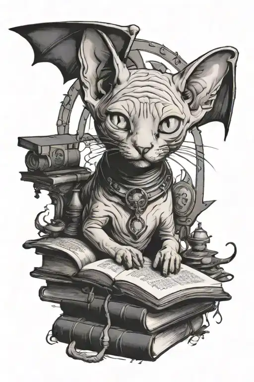 sphinx cat, books, evil, bats, crescent, chemistry, moth tattoo design idea