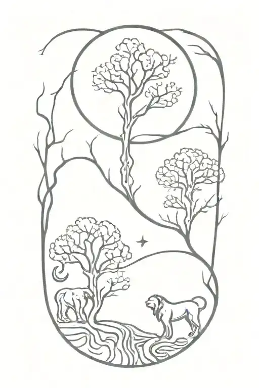 two separate trees, branches and roots growing together, sun, moon, leo and gemini zodiac signs, male and female lions tattoo design idea