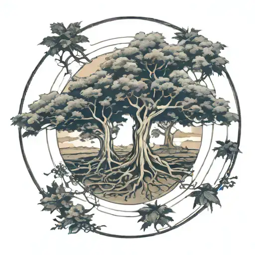 2 separated maple trees, inside a circle. each tree has 2 smaller ones growing from their roots  tattoo design idea