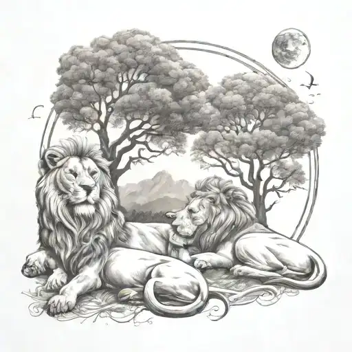 two separate trees merging together under the sun and the moon, male and female lion laying together at the base tattoo design idea