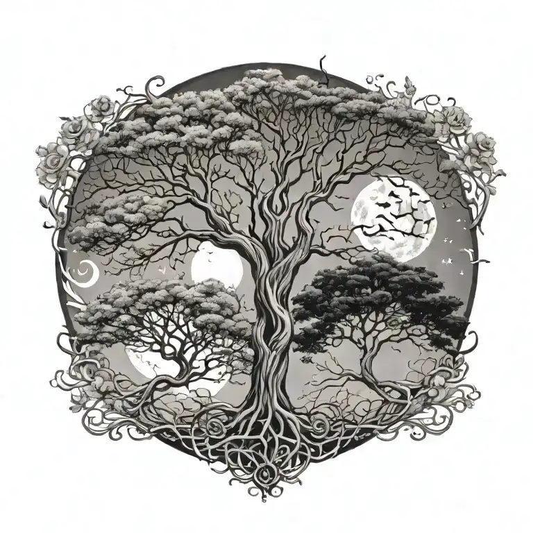 2 separate trees with roots and branches intertwined. sun on right, moon on left, gemini leo zodiac  tattoo design idea