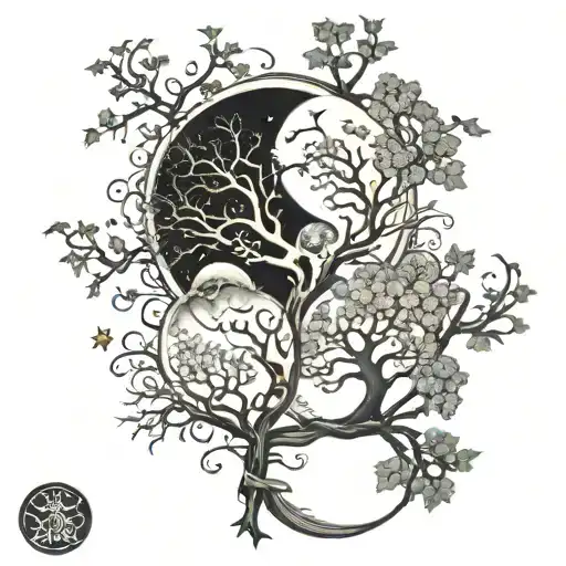 trees embracing, sun moon, yin yang, gemini leo star signs tattoo design idea