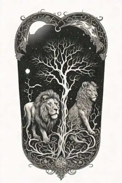 two separate trees, branches and roots growing together, sun, moon, leo and gemini zodiac signs, male and female lions tattoo design idea