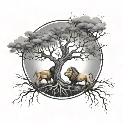 two trees growing inside a circle with roots together at bottom and branches at top, male and female lion, sun and moon tattoo design idea