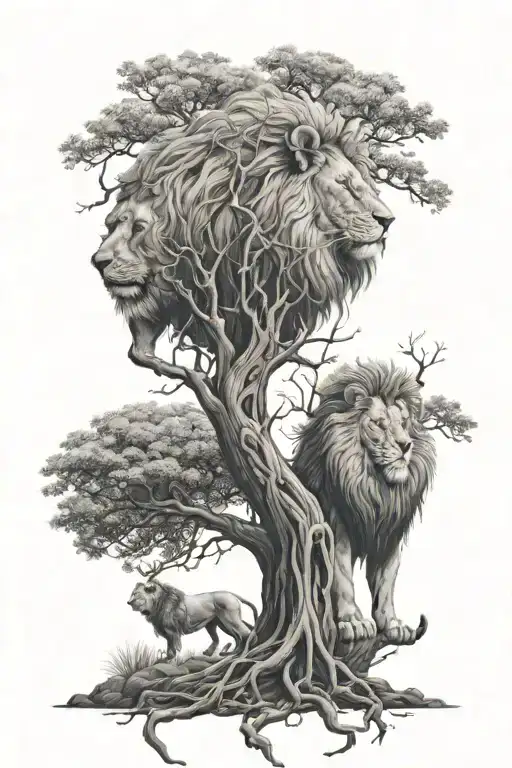 two trees with branches and roots coming together, a male and femal lion at the base of the trees tattoo design idea