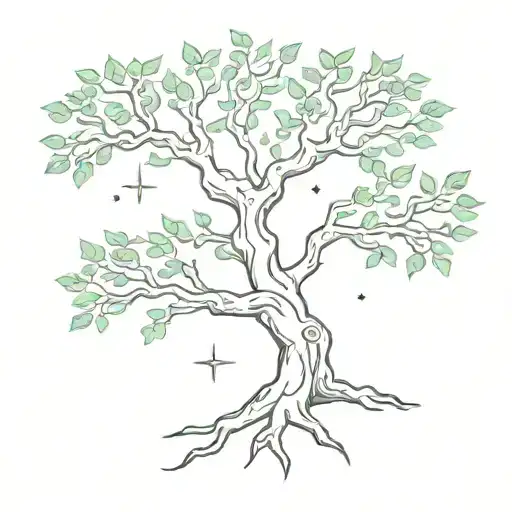 A sketch style tattoo of a tree with Gemini and Leo zodiac symbols incorporated into the branches, representing growth and strength in relationships tattoo design idea