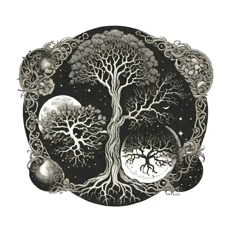 2 separate trees with roots and branches intertwined. sun and moon, gemini and leo start charts tattoo design idea
