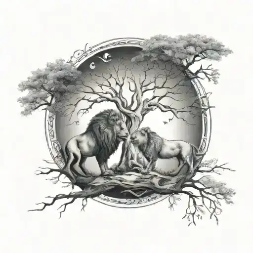 two trees growing inside a circle with roots together at bottom and branches at top, male and female lion, sun and moon tattoo design idea