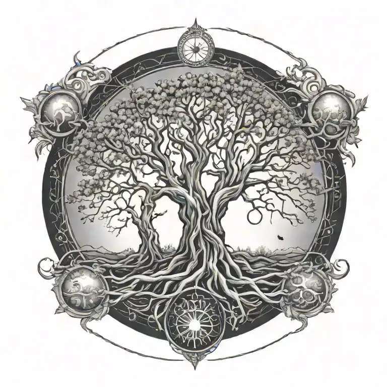 2 separate trees with roots and branches intertwined. sun and moon, gemini and leo start charts tattoo design idea
