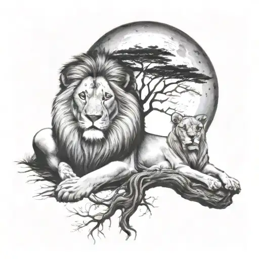 two trees merging together under the sun and the moon, male and female lion laying together at the base tattoo design idea
