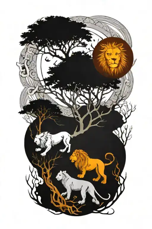 two separate trees, branches and roots growing together, sun, moon, leo and gemini zodiac signs, male and female lions tattoo design idea