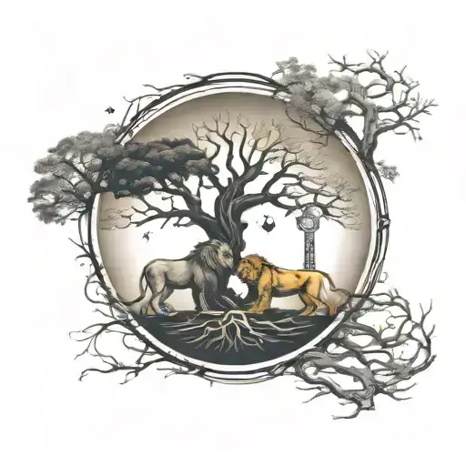 two trees growing inside a circle with roots together at bottom and branches at top, male and female lion, sun and moon tattoo design idea