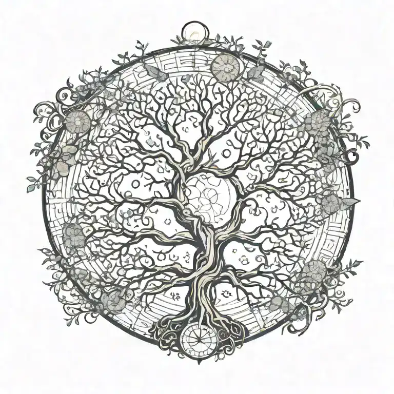 2 separate trees with roots and branches intertwined. sun and moon, gemini and leo start charts tattoo design idea