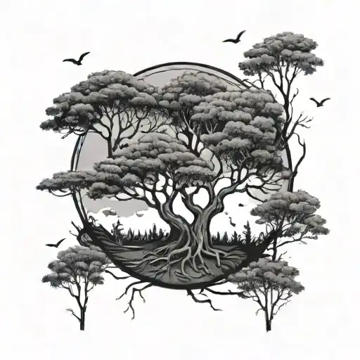 2 separated trees, inside a circle. each tree has 2 smaller ones growing from their roots  tattoo design idea