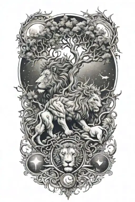 two separate trees, branches and roots growing together, sun, moon, leo and gemini zodiac symbols, male and female lion tattoo design idea