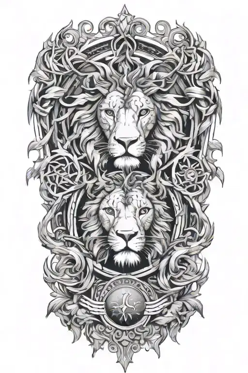 two separate trees, branches and roots growing together, sun, moon, leo and gemini zodiac symbols, male and female lion tattoo design idea