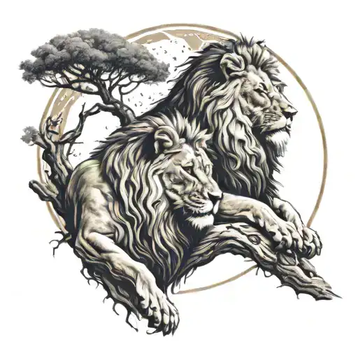 two separate trees merging together under the sun and the moon, male and female lion laying together at the base tattoo design idea