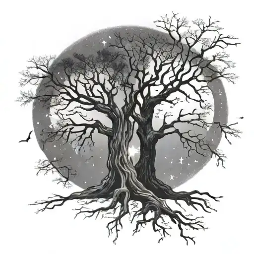 gemini and leo constellations drawn in a night sky above two intertwined trees tattoo design idea