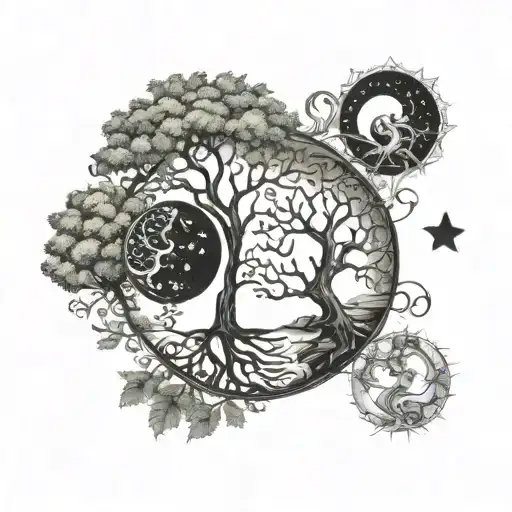 trees embracing, sun moon, yin yang, gemini leo tattoo design idea