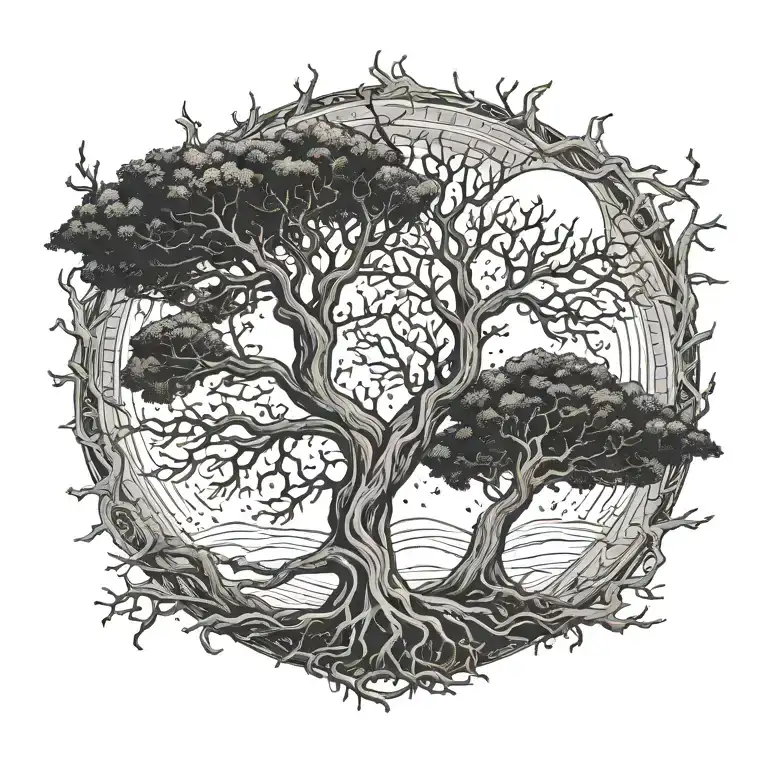 left tree (man) and right tree (woman) roots and branches intertwined. sun on right, moon on left, gemini leo zodiac  tattoo design idea