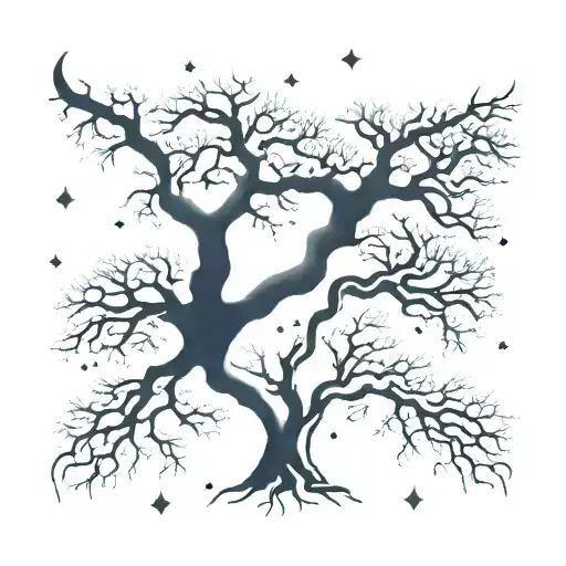 gemini and leo constellations drawn in a night sky above two intertwined trees tattoo design idea