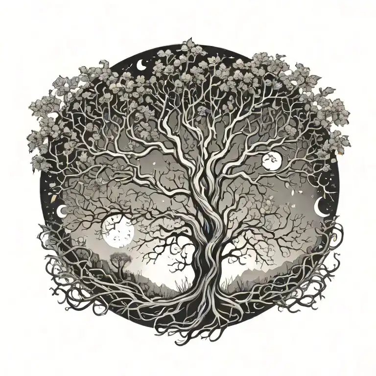 left tree (man) and right tree (woman) roots and branches intertwined. sun on right, moon on left, gemini leo zodiac  tattoo design idea