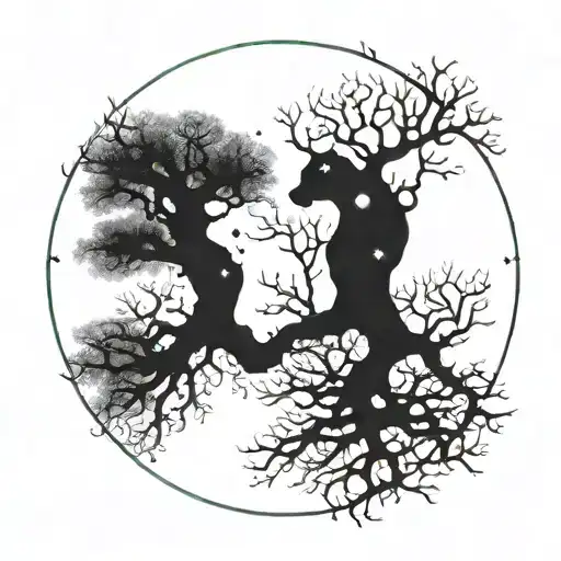 gemini and leo constellations drawn in a night sky above two intertwined trees tattoo design idea