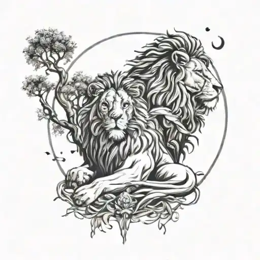 two separate trees merging together under the sun and the moon, male and female lion laying together at the base tattoo design idea